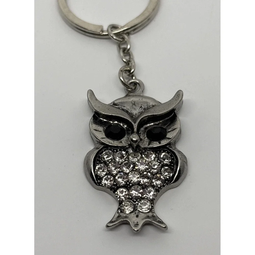 Metal Silver Color Own Keychain Rhinestones Black Onyx Eyes Purse‎ Key Fob